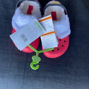 CROCS Kids Red and White Fuzzy Slippers